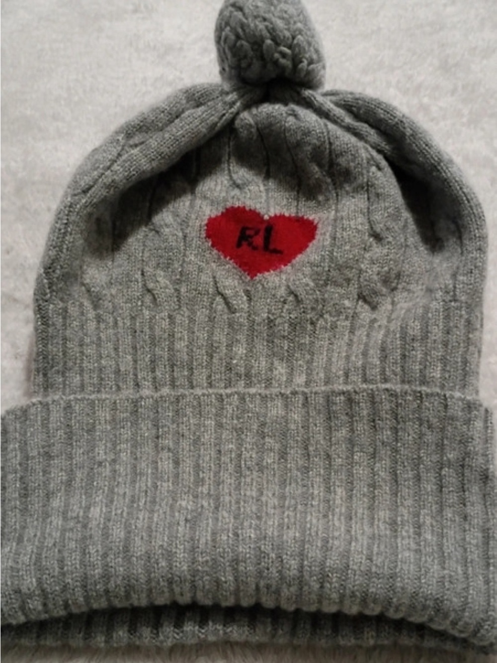 Polo Ralph Lauren Grey Knit Pom Pom Top Beanie Cable Knit Hat RL Red Heart Cap